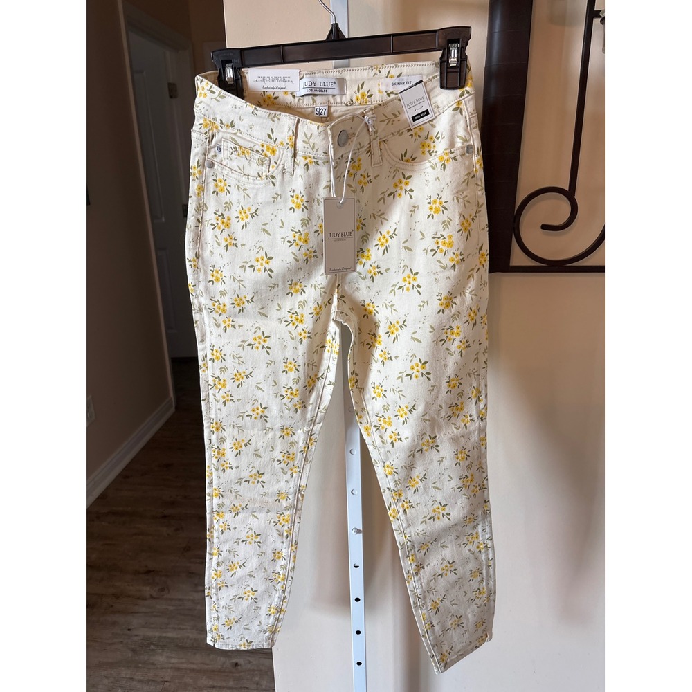 Judy Blue Women Cream Yellow Floral Skinny Mid Rise Jeans Size 5/27 NWT